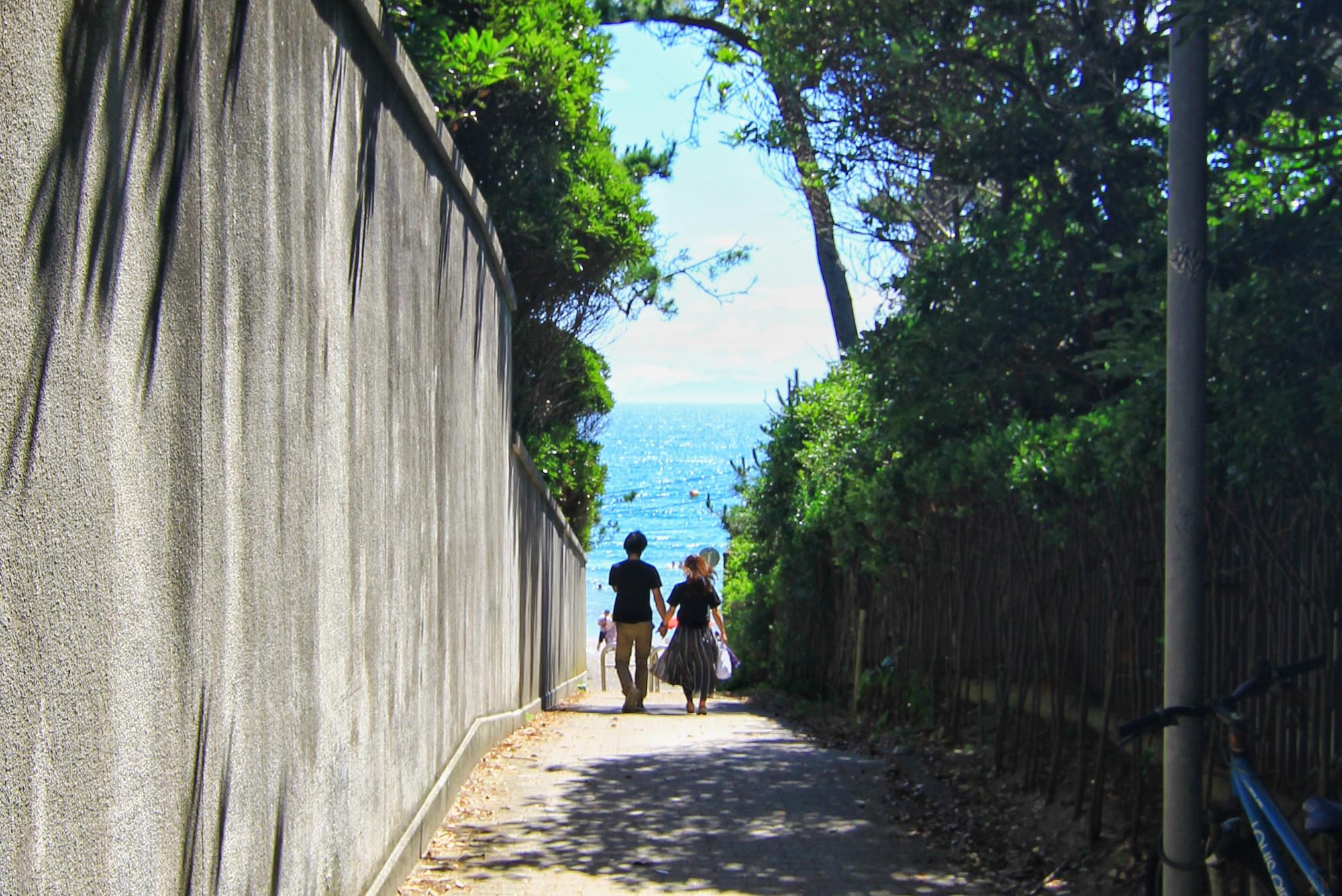 緑のトンネルを抜けた先に海が広がる小道を、手をつないで歩くご夫婦