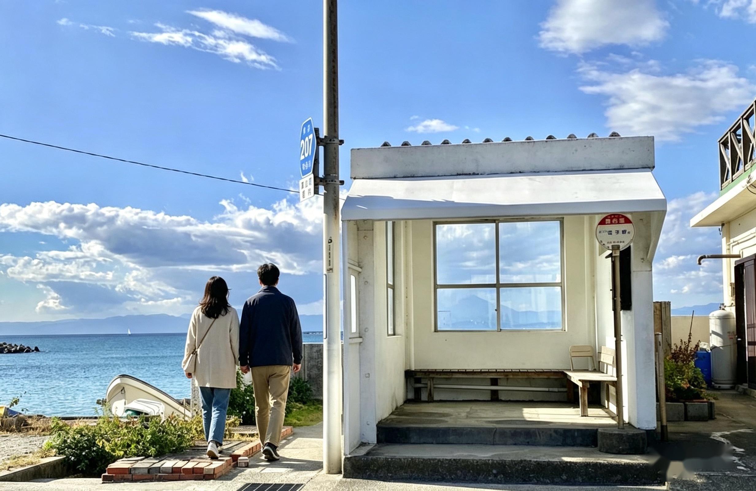 海沿いの道でバス停の待合所の前を、手をつないで歩く夫婦の後ろ姿