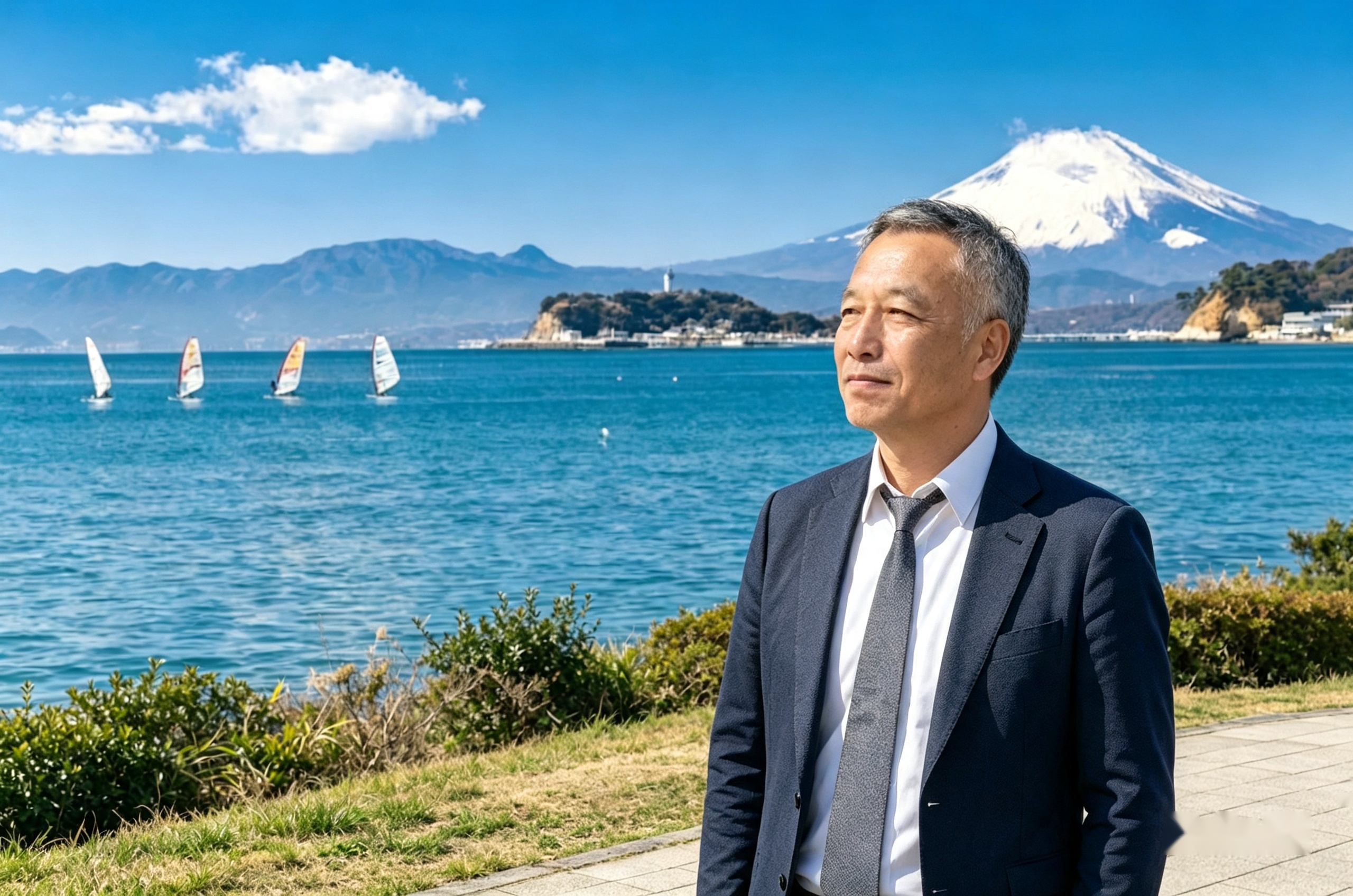 葉山の海辺に立つ曲田和史。背景に江ノ島と富士山、海にはウィンドサーフィン