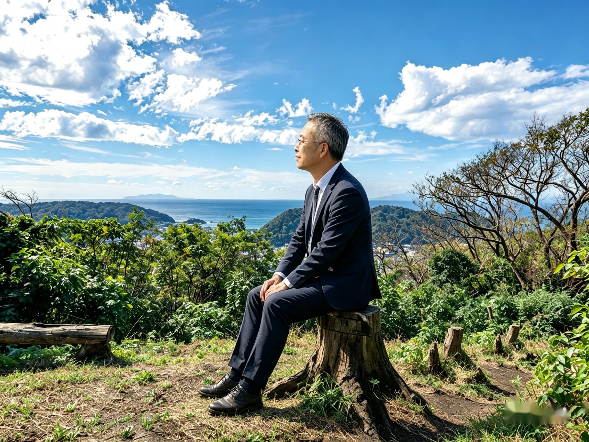 緑に囲まれた高台から、海と葉山の街並みを見つめる曲田和史