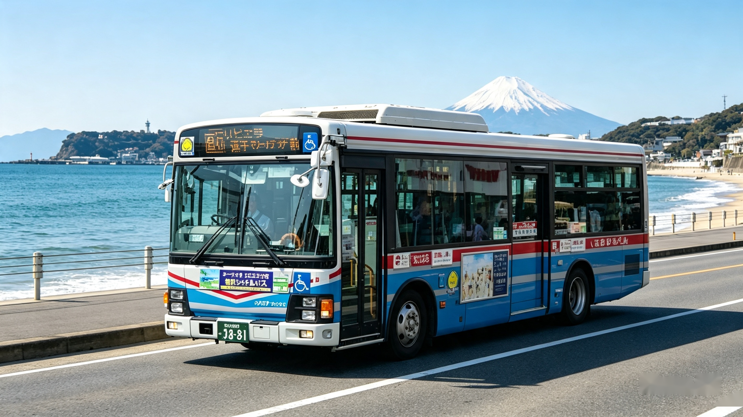 江ノ島と富士山を背景に、海沿いの道を走る路線バス